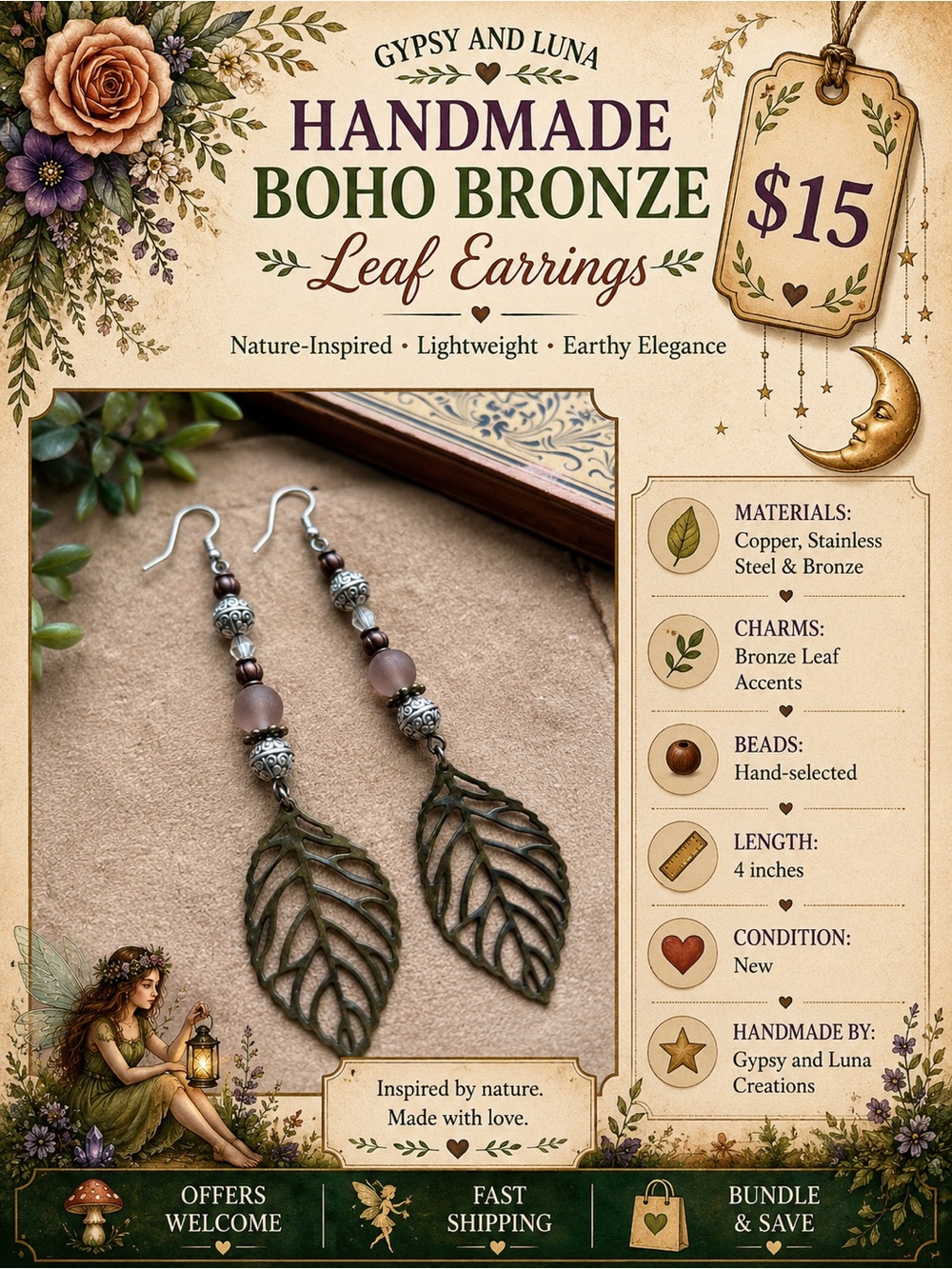 Artisan Bronze Leaf Boho Earrings Handmade Jewelry